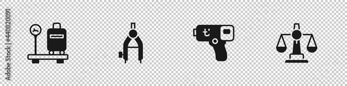 Set Scale with suitcase, Drawing compass, Digital thermometer and Scales of justice icon. Vector