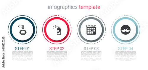 Set Aftershave, Spray can for hairspray, Calendar with haircut day and Mustache. Business infographic template. Vector