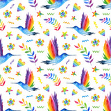 Watercolor rainbow, floral and hummingbird seamless pattern isolated on white background. Hand painting gay pride illustration.