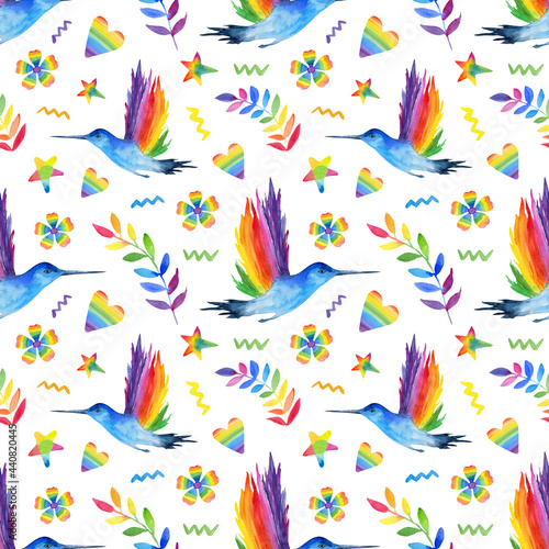 Watercolor rainbow  floral and hummingbird seamless pattern isolated on white background. Hand painting gay pride illustration.