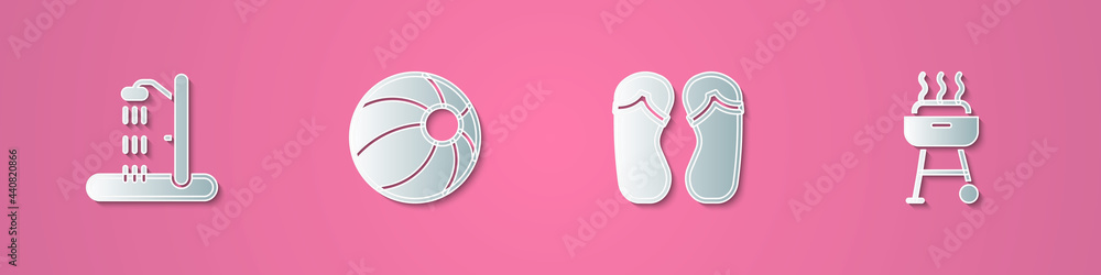 Set paper cut Beach shower, ball, Flip flops and Barbecue grill icon. Paper art style. Vector Set paper cut Beach shower, ball, Flip flops and Barbecue grill icon. Paper art style. Vector