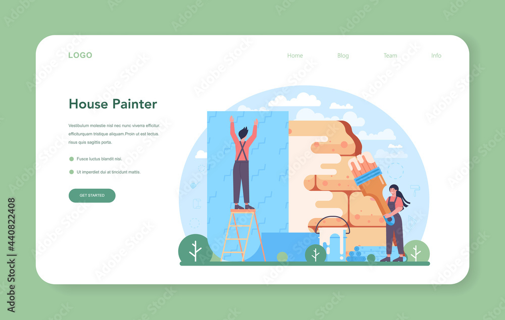 Wall papering web banner or landing page. Worker gluing wallpapers Wall papering web banner or landing page. Worker gluing wallpapers