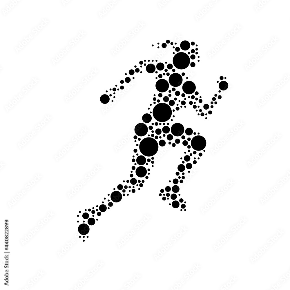 A large running woman symbol in the center made in pointillism style. The center symbol is filled with black circles of various sizes. Vector illustration on white background A large running woman symbol in the center made in pointillism style. The center symbol is filled with black circles of various sizes. Vector illustration on white background