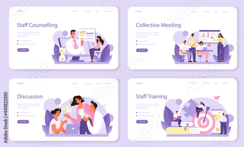 Staff counselling web banner or landing page set. Personnel manager providing