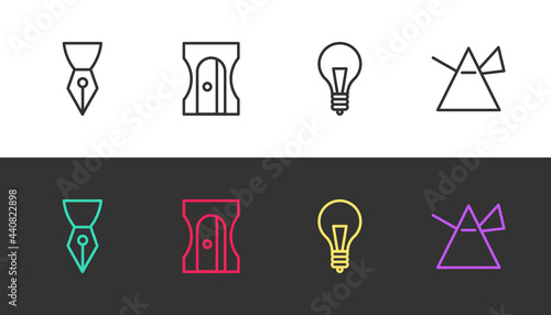 Set line Fountain pen nib, Pencil sharpener, Light bulb with concept of idea and rays prism on black and white. Vector