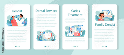 Dentist mobile application banner set. Dental doctor in uniform