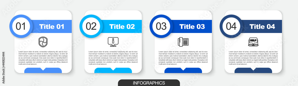 Set line Shield, Information, Telephone and Laptop and help. Business infographic template. Vector Set line Shield, Information, Telephone and Laptop and help. Business infographic template. Vector