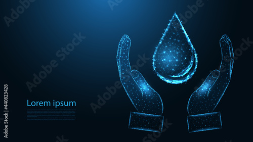 Hands cupped support drop of water line connection. Low poly wireframe design. Abstract geometric background. vector illustration.