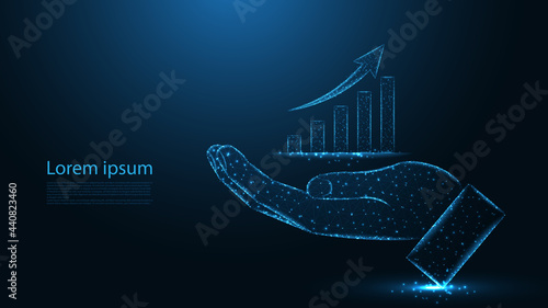 Giving hand with glowing chart line connection. Low poly wireframe design. Abstract geometric background. vector illustration.