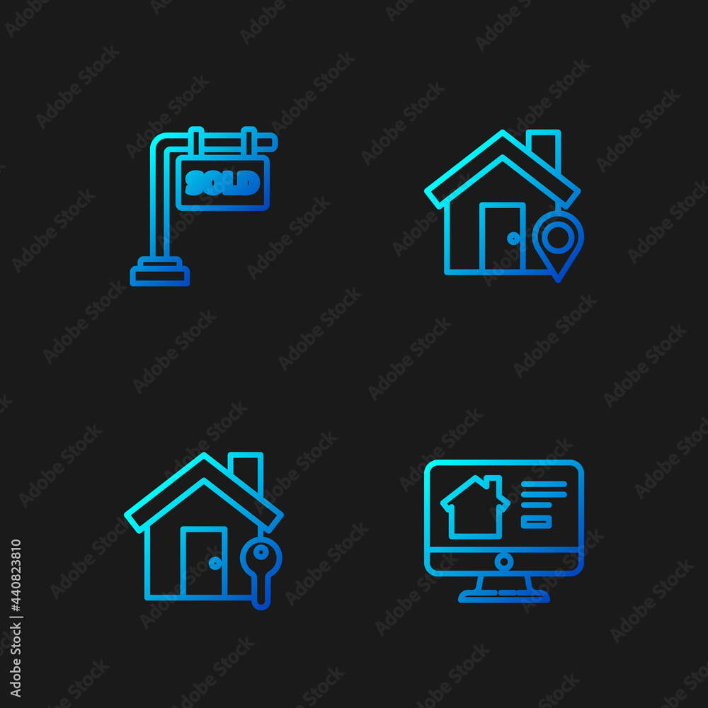 Set line Online real estate house, House with key, Hanging sign Sold and Location. Gradient color icons. Vector Set line Online real estate house, House with key, Hanging sign Sold and Location. Gradient color icons. Vector
