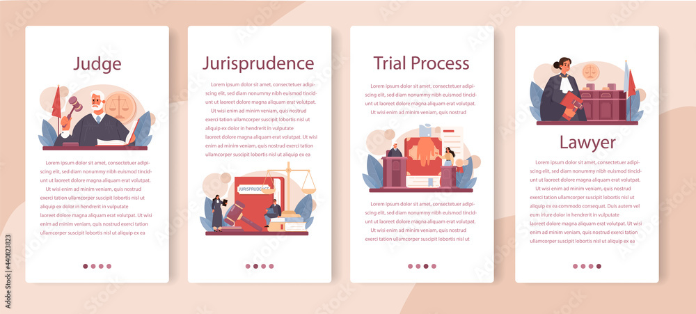 Judge mobile application banner set. Court worker stand for justice and law
