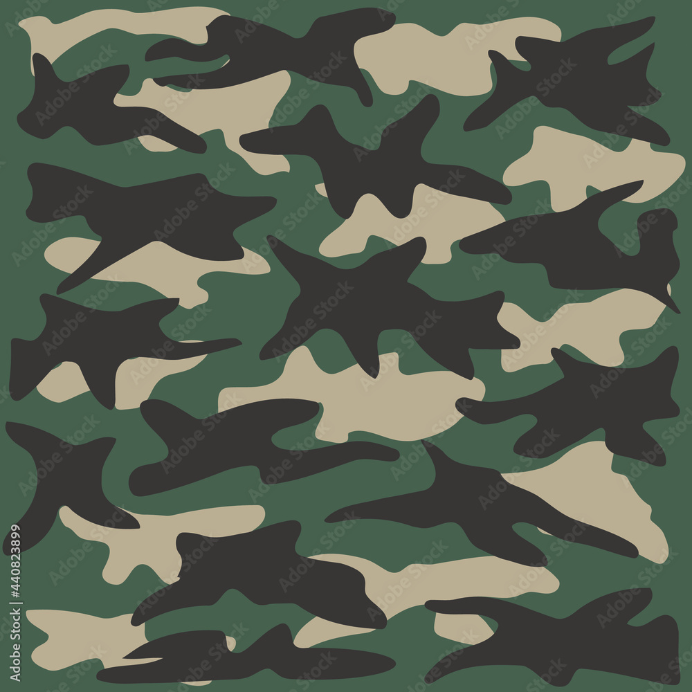 Camouflage pattern in the form of dark and light brown spots on a dark green background. Military uniform. Camouflage pattern in the form of dark and light brown spots on a dark green background. Military uniform.