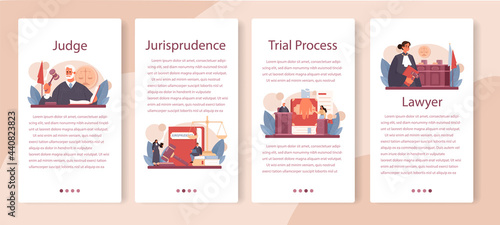 Judge mobile application banner set. Court worker stand for justice and law