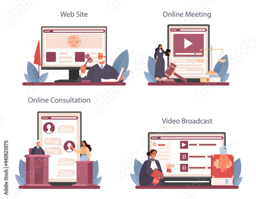 Judge online service or platform set. Court worker stand for justice and law