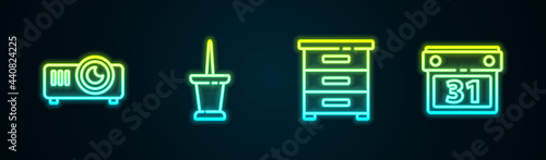 Set line Movie, film, media projector, Push pin, Drawer with documents and Calendar. Glowing neon icon. Vector