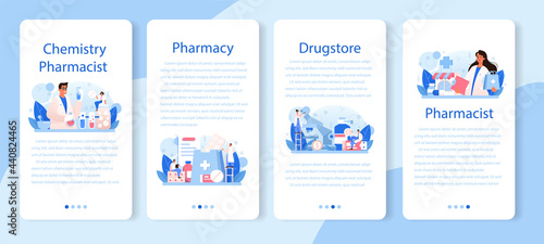 Pharmacy mobile application banner set. Pharmacist preparing