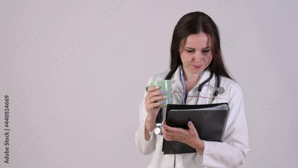 Confident Female Doctor in medical Uniform with Cup of Coffee or Tea holding clipboard and reading isolated on white background. Medical workers. Confident Female Doctor in medical Uniform with Cup of Coffee or Tea holding clipboard and reading isolated on white background. Medical workers.