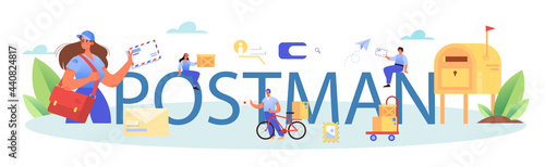 Postman profession typographic header. Post office staff providing mail service,
