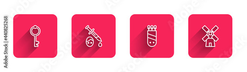 Set line Old key, Sword with blood, Quiver arrows and Windmill with long shadow. Red square button. Vector