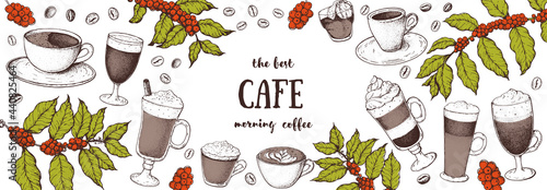 Coffee drink hand drawn collection. Sketch graphic elements for menu design. Vintage vector illustration. Various coffee drinks set. Coffee cups, beans illustration.