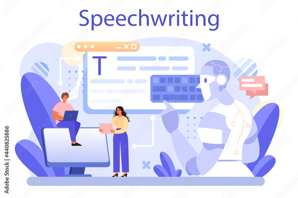 Speechwriting concept. Professional speaker or journalist write a content