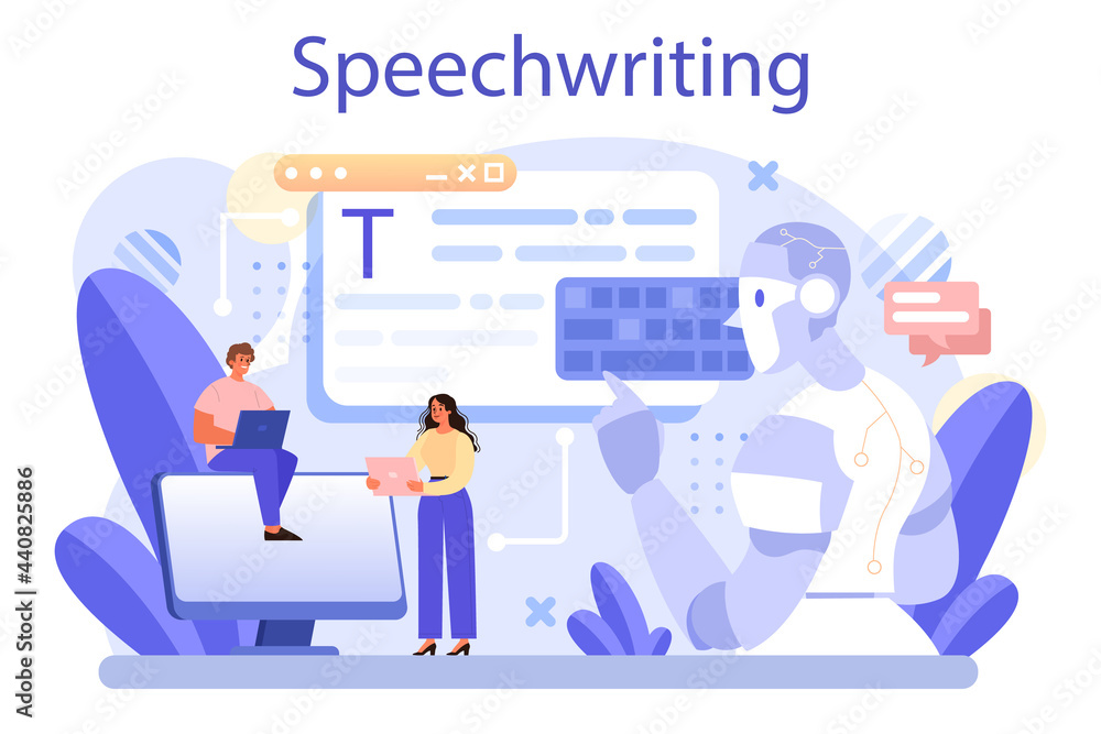 Speechwriting concept. Professional speaker or journalist write a content Speechwriting concept. Professional speaker or journalist write a content