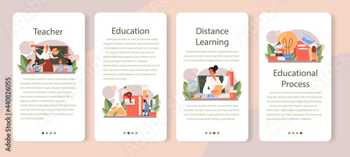 Teacher mobile application banner set. Professor giving a lesson in a classroom