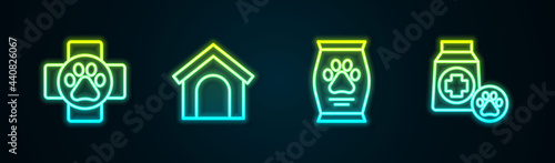 Set line Veterinary clinic, Dog house, Bag of food and . Glowing neon icon. Vector