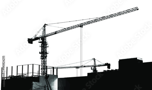 Cranes are working at a construction site. A huge building is being erected with the help of tower cranes. Vector, eps10. Illustration.
