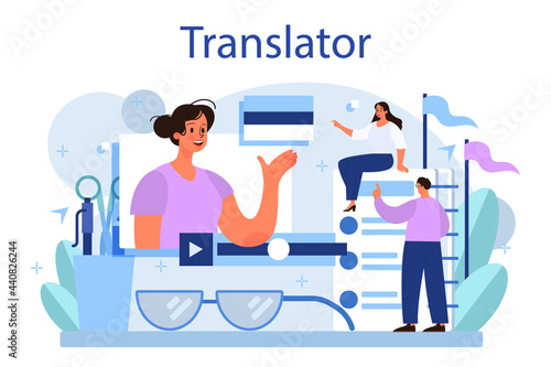 Translator concept. Linguist translating document, books and speach.