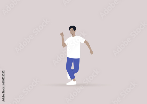 A young male Asian character dancing to a song, modern gen z lifestyle