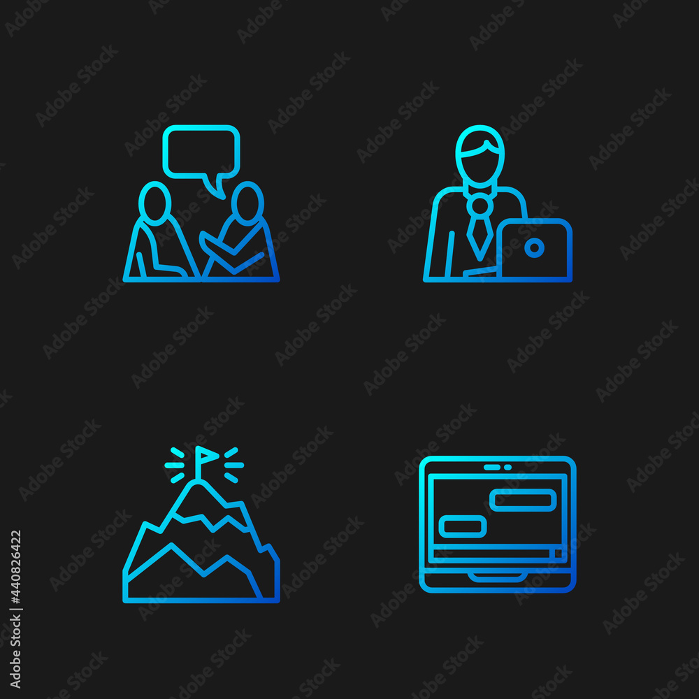 Set line Chat messages on laptop, Mountains with flag, Two sitting men talking and Businessman. Gradient color icons. Vector Set line Chat messages on laptop, Mountains with flag, Two sitting men talking and Businessman. Gradient color icons. Vector