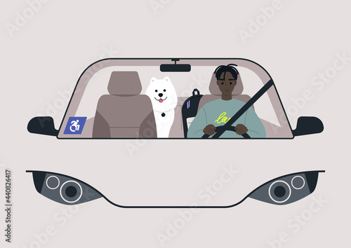 A young male Black physically impaired character driving a car, a blue wheelchair parking permit sticker on a windshield
