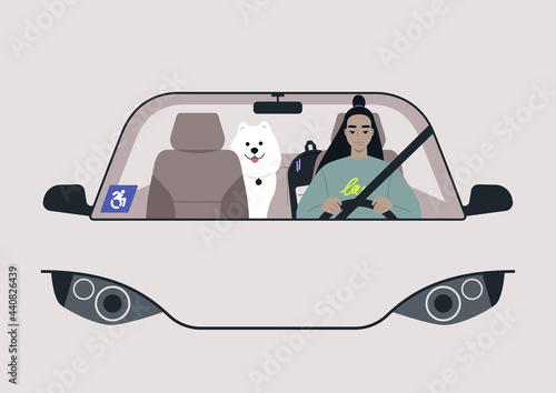 A young female Asian physically impaired character driving a car, a blue wheelchair parking permit sticker on a windshield