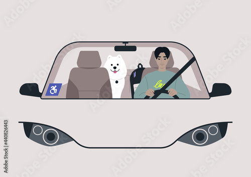 A young male physically impaired character driving a car, a blue wheelchair parking permit sticker on a windshield