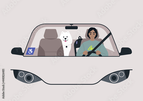 A young female physically impaired character driving a car, a blue wheelchair parking permit sticker on a windshield