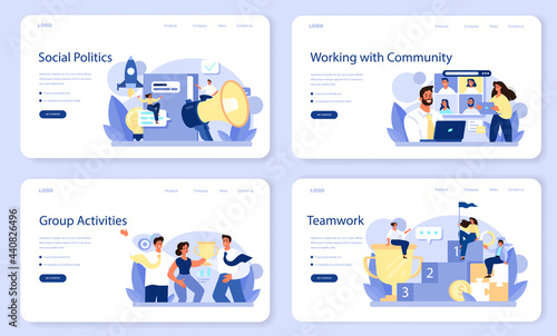 Community working web banner or landing page set. Team building