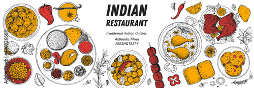 Indian food illustration. Hand drawn sketch. Indian cuisine. Vector illustration. Menu background. Engraved style.
