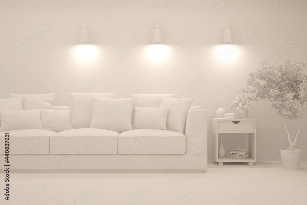 Fototapeta premium Mock up of stylish room in white color with sofa. Scandinavian interior design. 3D illustration