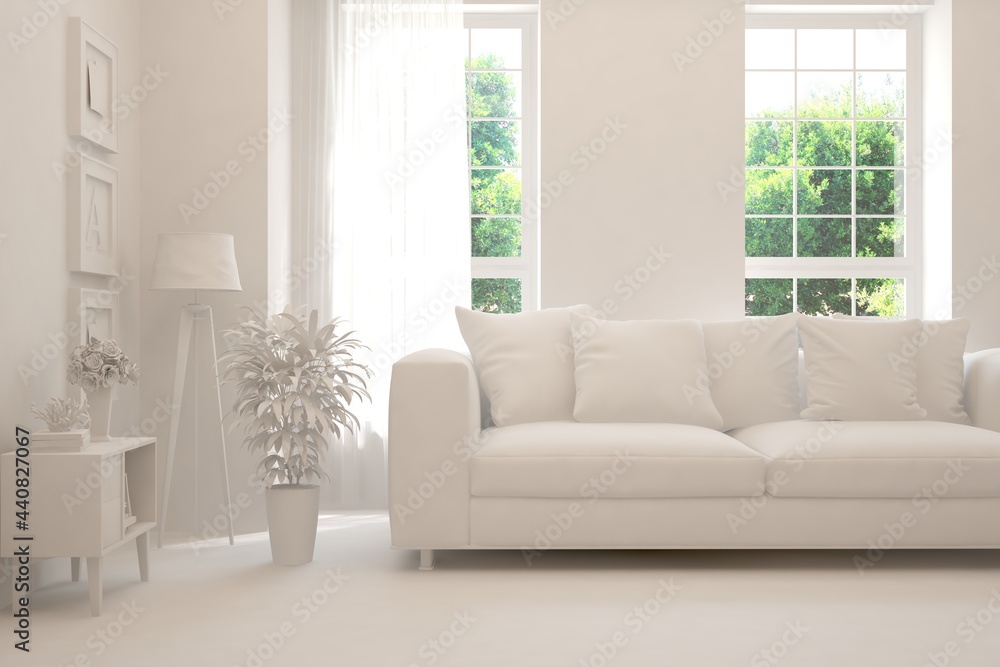 Fototapeta premium Mock up of stylish room in white color with sofa and green landscape in window. Scandinavian interior design. 3D illustration