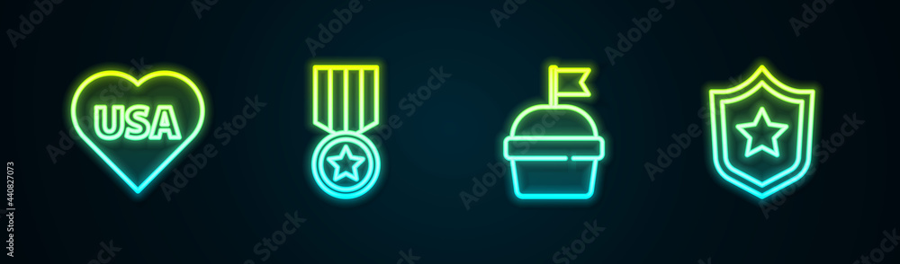 Set line USA Independence day, Medal with star, Cake and Police badge. Glowing neon icon. Vector Set line USA Independence day, Medal with star, Cake and Police badge. Glowing neon icon. Vector