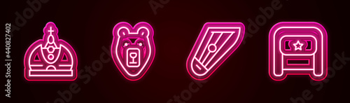 Set line King crown, Bear head, Kankles and Ushanka. Glowing neon icon. Vector