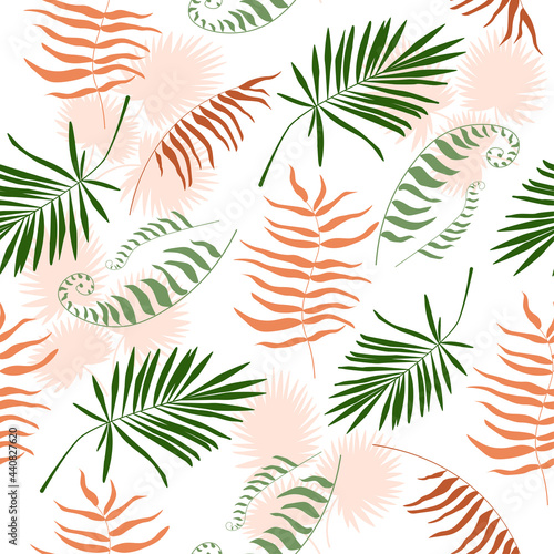 Seamless pattern of tropical, exotic leaves, plants, palm trees, ferns. Bright summer print for fabrics, textiles and design. Vector graphics.