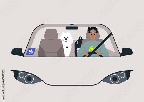 A young male physically impaired character driving a car, a blue wheelchair parking permit sticker on a windshield