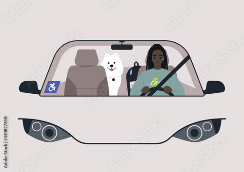A young female Black physically impaired character driving a car, a blue wheelchair parking permit sticker on a windshield