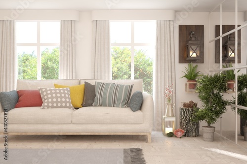 White living room with sofa and summer landscape in window. Scandinavian interior design. 3D illustration