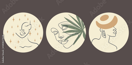 Collection of three various vector highlight covers with woman face, leaves, stars and boho objects, for social media stories. Editable vector illustration