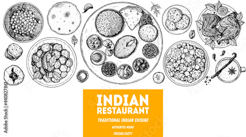 Indian food illustration. Hand drawn sketch. Indian cuisine. Vector illustration. Menu background. Engraved style.
