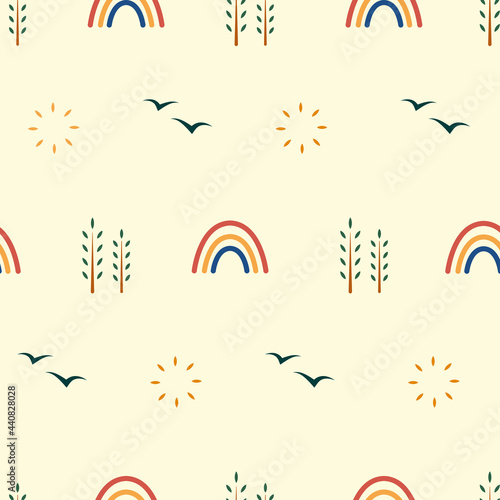 Colorful seamless pattern with spring or summer graphic elements. Rainbow, birds, sun, plants. Vector illustration. Texture for fabric and other types of design. 