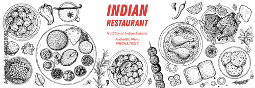 Indian food illustration. Hand drawn sketch. Indian cuisine. Vector illustration. Menu background. Engraved style.
